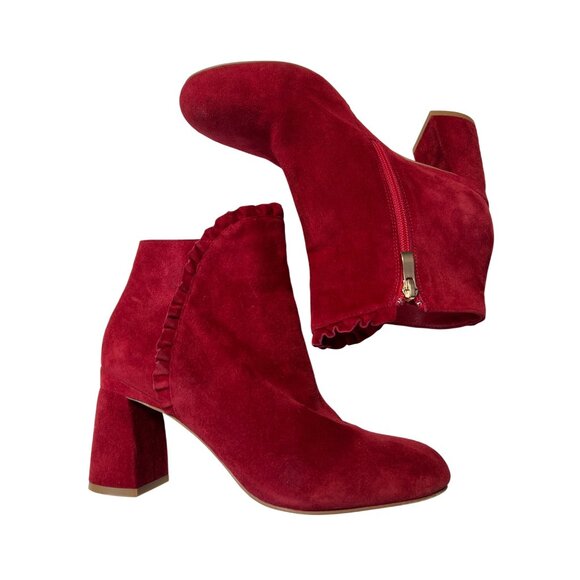 Azura Red Suede Ruffle Heel Booties 8.5 - Picture 8 of 9